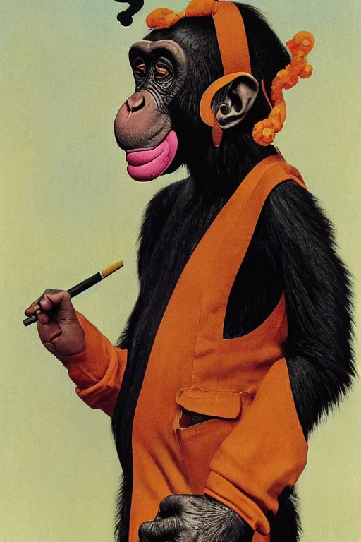 Prompt: a chimp in a clown suit smoking a cigarette, painted by Norman Rockwell