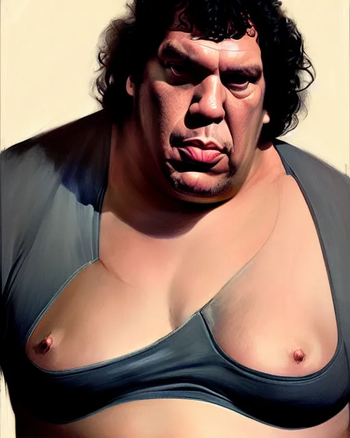Prompt: andre the giant with jacket and bra in the kitchen | | realistic shaded, unpleasant face, bad looking, fine details, realistic shaded lighting poster by greg rutkowski, magali villeneuve, artgerm, jeremy lipkin and michael garmash and rob rey