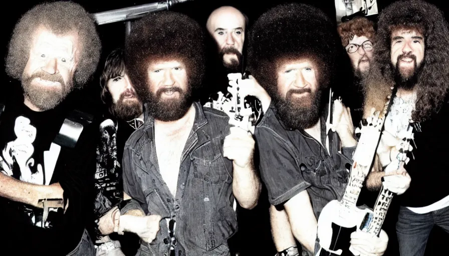 Image similar to Bob Ross performs in a Heavy Metal Band