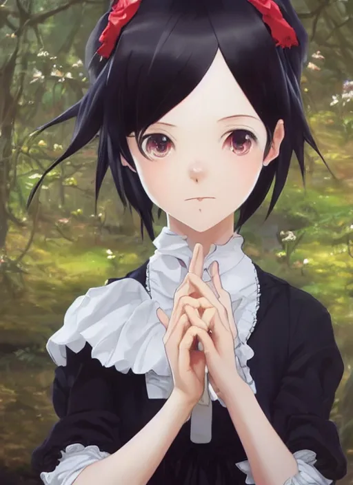 Image similar to a close up of a victorian maid with black bob hairstyle sitting in a forest. cute anime eyes. by makoto shinkai, stanley artgerm lau, wlop, rossdraws, james jean, andrei riabovitchev, marc simonetti, krenz cushart, sakimichan, trending on artstation, digital art.