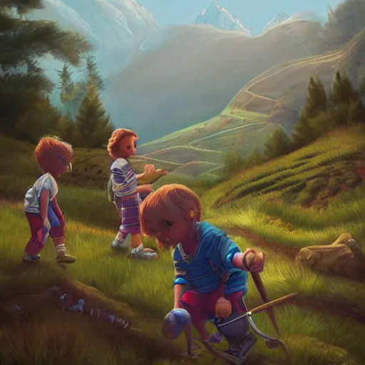 Image similar to children on a trip, mountains, fields, highly detailed, artstation, by alena aleani