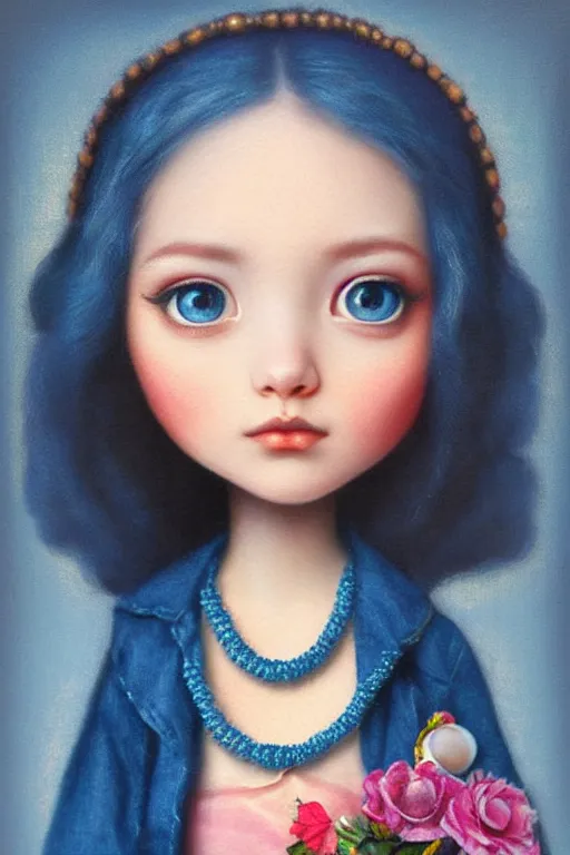 Prompt: matte sharp painting cute little girl hippy denim bellbottom bead necklace, painted by mark ryden, artgerm, artstation behance storybook l