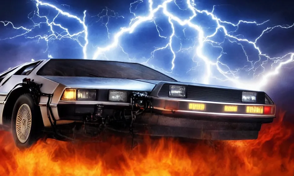 Image similar to scene from back to the future, delorean driving fast, lightning, fire, driving through portal, motion blur