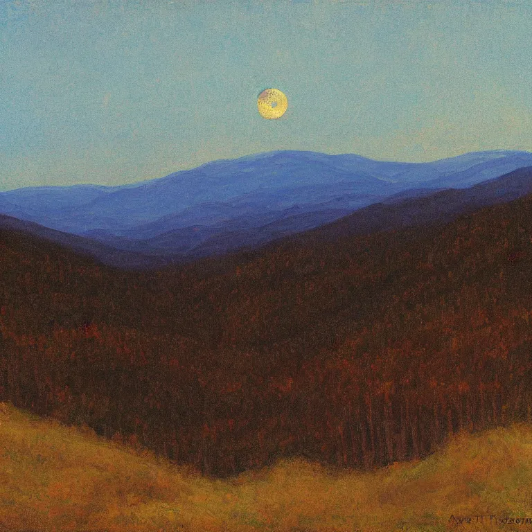 Image similar to vermont mountains, supermoon, clear sky, twilight, abbott handerson thayer oil painting, pale blue palette