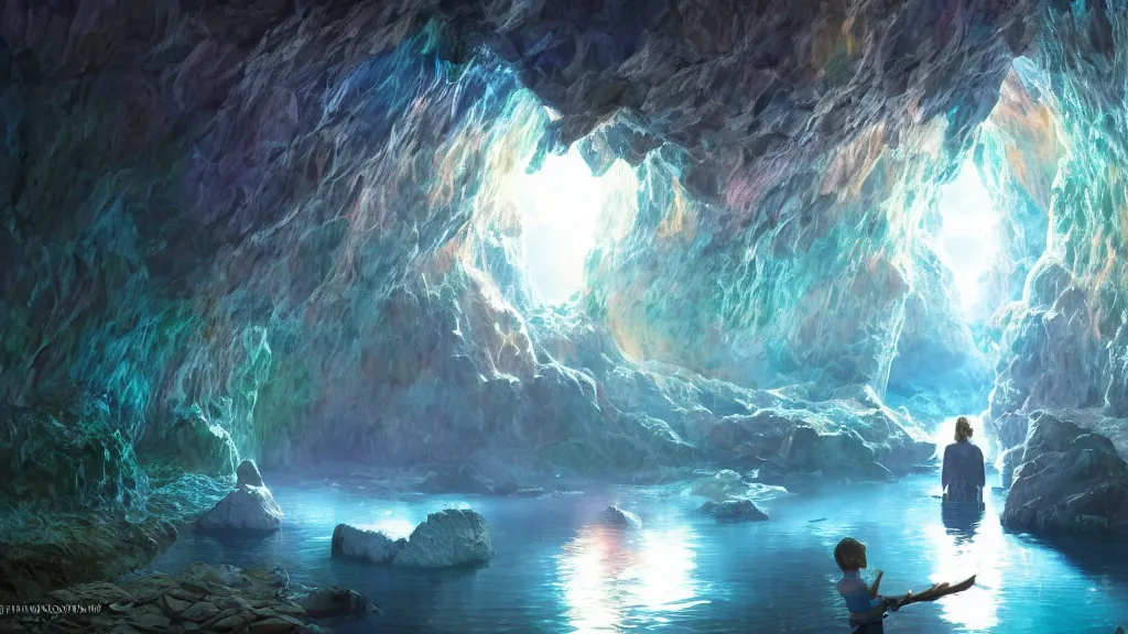 Image similar to inside a intricate rainbow crystal cave there was a lake, filled by the light of a beautiful silver moon, and over it was the sky, dynamic lighting, cinematic lighting, lit by moonlight, by krenz cushart and ilya kuvshinov and artgerm, unreal engine, featured on artstation, ultrawide angle, polarizer filter : 1 0