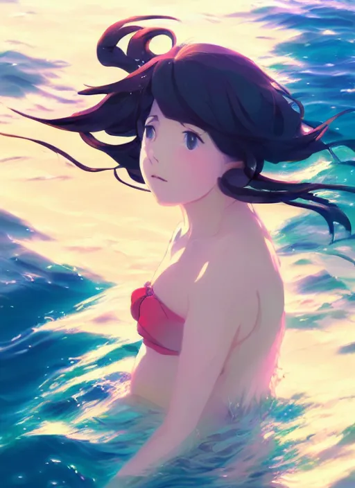 Image similar to portrait of a cute girl swimming in the ocean, illustration concept art anime key visual, very trippy and abstract, trending pixiv fanbox by wlop and greg rutkowski and makoto shinkai and studio ghibli and kyoto animation