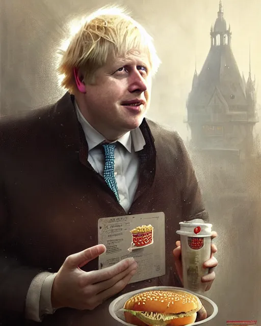 Prompt: boris johnson working at burger king, character portrait, ultra realistic, concept art, intricate details, highly detailed by greg rutkowski, gaston bussiere, craig mullins, simon bisley