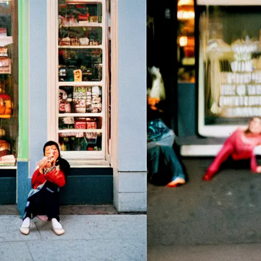 Prompt: kodak portra 8 0 0, film grain, ricoh, street photography, manhattan corner shop, girl portrait, tongue out, youth, evening light,