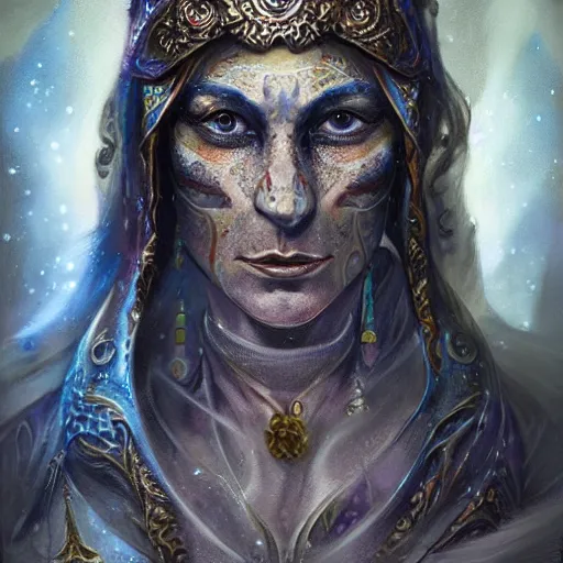 Image similar to an Artstation 3d render of Very very very very highly detailed beautiful mystic portrait of a phantom warrior with galaxy, tattoos by Anton Pieck, intricate, extremely detailed, digital painting, artstation, concept art, smooth, sharp focus, illustration, intimidating lighting, incredible art,