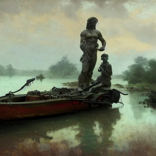 Image similar to wide jungle river army patrol boat tail of a crashed plane in the water ancient statues on the river banks, moody ambience, fog, smoke, dramatic, oil painting by repin, mucha, zorn, 4 k, trending on artstation