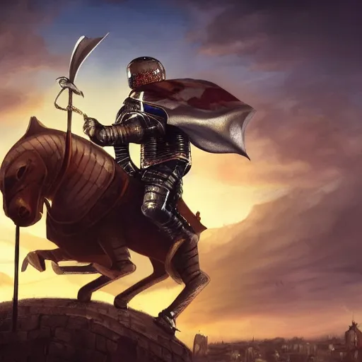 Image similar to Medieval knight with his sword drawn riding on top of a huge snail in a medieval city, wide shot, detailed, 4K, digital art, cinematic lighting, dynamic lighting, ambient lighting, award winning art