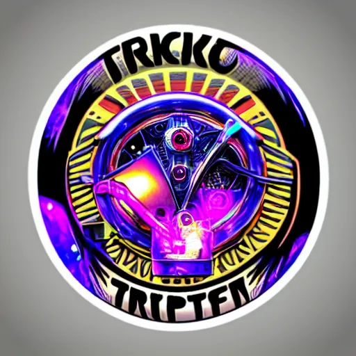 Image similar to sticker of a rock band, name is tripmachine, on the sticker is a 3 d render of a huge futuristic steampunk engine generator, 8 k, fluorescent colors, halluzinogenic, multicolored, exaggerated detailed, silk screen art