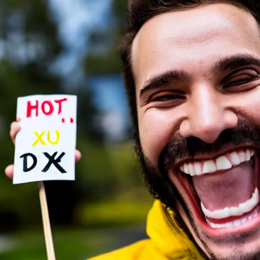 Image similar to photograph of smiling man holding a protest sign saying'xd ', high detail, 8 k resolution