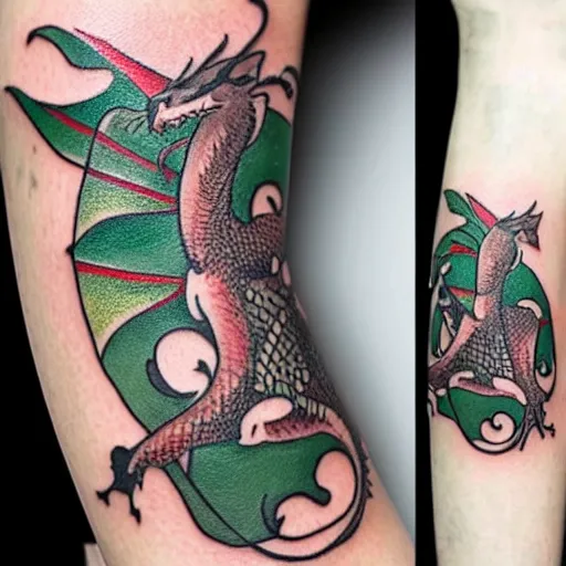 Prompt: Tattoo of a dragon starting from the elbow, wrapping around the wrist in a downward spiral, emerald placed inside of the dragons mouth, forearm tattoo