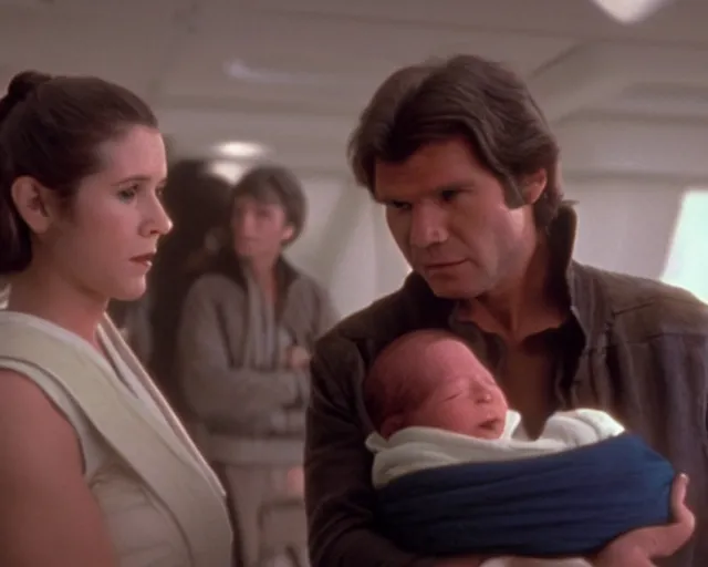 Image similar to screenshot of Han Solo standing next to Princess Leia Organa holding a new born baby in a swaddle, alone, pensive, iconic scene from 1980s Star Wars film directed by Ridley Scott, in a sci fi nursing home architecture, last jedi, 4k HD sharp, cinematic still frame, photoreal, detailed face, moody lighting, stunning cinematography, anamorphic lenses, kodak color film stock