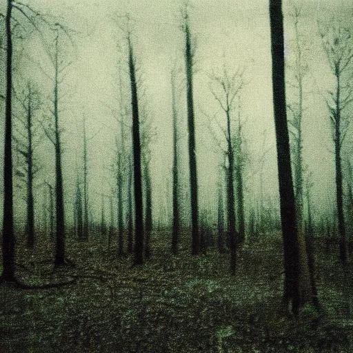 Image similar to 1 9 9 0 s faded vhs tape still, empty forest with dead trees, cloudy day, creepy