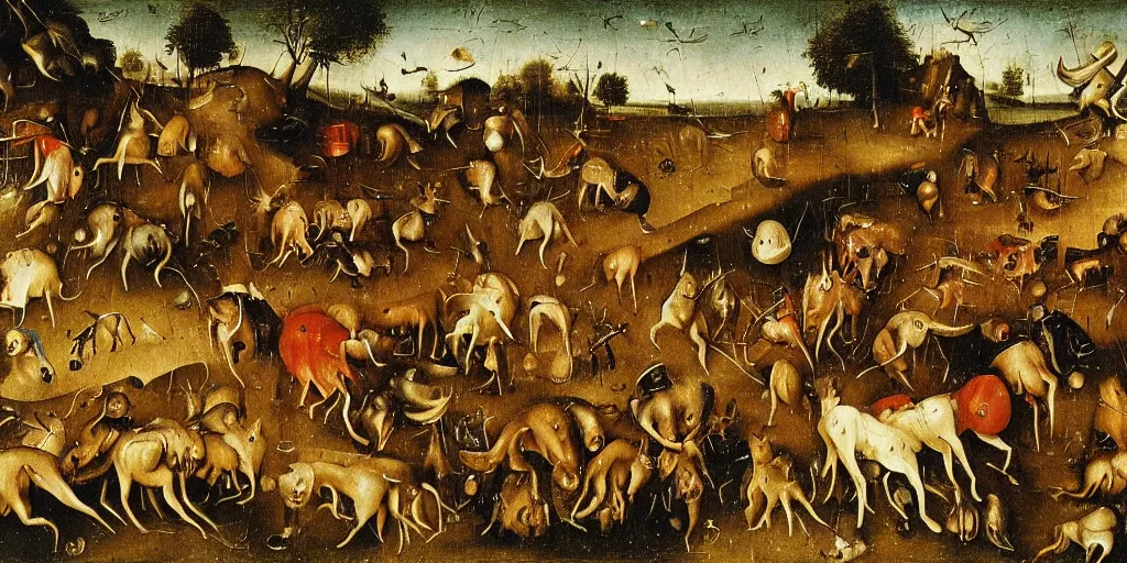 Image similar to detailed oil painting of farmers fighting off a horde of wolves, by hieronymus bosch