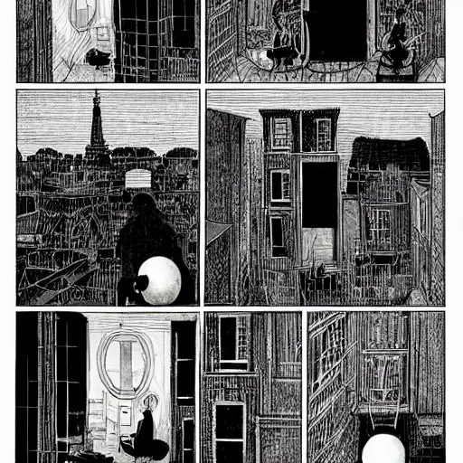 Image similar to by jacques tardi, by andrew boog faithfull subtle, fine isometric, scarlet. a beautiful performance art. i was born in a house with a million rooms, built on a small, airless world on the edge of an empire of light & commerce.