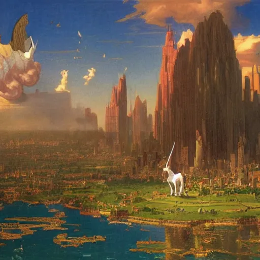 Prompt: unicorn , clouds city , Albert Bierstadt , Thomas Cole , Geof Darrow