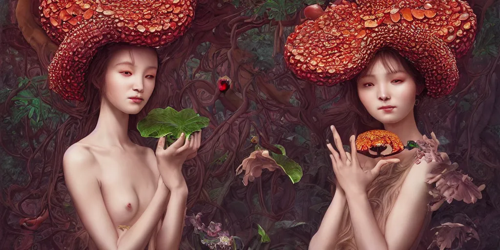 Image similar to breathtaking detailed concept art painting of the goddess of rafflesia arnoldii flowers, orthodox saint, with anxious, piercing eyes, ornate background, amalgamation of leaves and flowers, by Hsiao-Ron Cheng, James jean, Miho Hirano, Hayao Miyazaki, extremely moody lighting, 8K