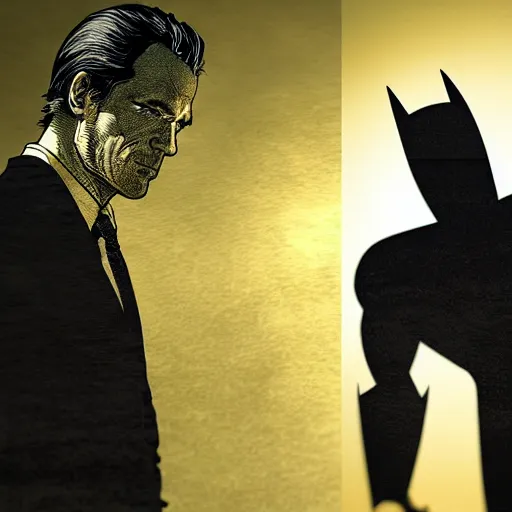 Image similar to Thomas Jane, an illustration of Bruce Wayne in his office and a silhouette of Batman in his shadows, art by Ilya Kuvshinov, highly detailed, comics, epic landscape, HD digital art, artstation