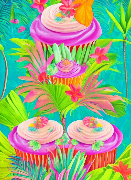 Prompt: a painting of tropical plants and inverted cupcakes by lisa frank, behance, airbrush art, digital painting