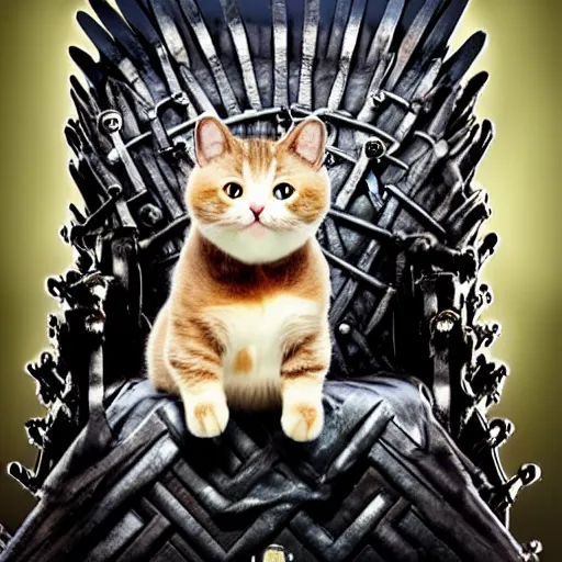 Image similar to a cute cat sitting on the iron throne. high definition