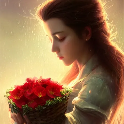 Image similar to Beautiful riveting aesthetically pleasing Aerith Gainsborough holding a flower basket portrait, face centered portrait, Confident, fog, rain, volumetric lighting, beautiful, golden hour, sharp focus, ultra detailed, conceptartworld by Leesha Hannigan, Ross Tran, Thierry Doizon, Kai Carpenter, Ignacio Fernández Ríos