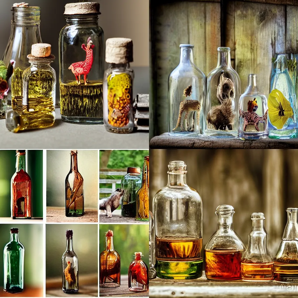 Prompt: Menagerie in a glass bottle. Highly detailed photography.