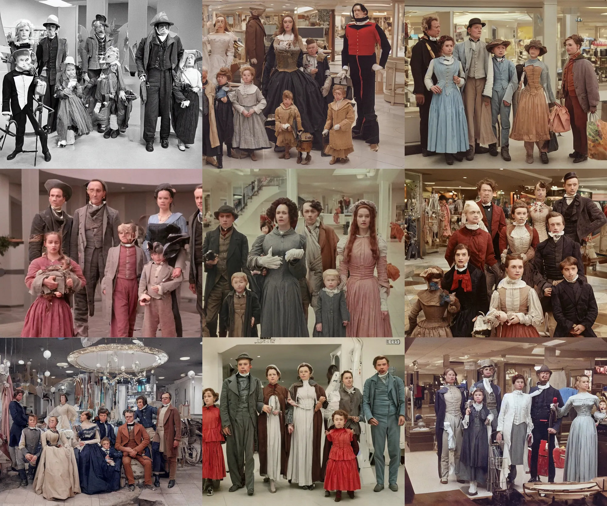 Prompt: sharp, detailed, 9126k film, 7000mm film, high quality frame scan from a sci fi blockbuster color movie made in 2019, a family of four time travelers from 1860 travel in time to 2019, appearing in a shopping mall, looking surprised, the family are all wearing 1860s era clothes, good lighting, in focus, cinematic still, high quality scan, in focus, 70mm macro lens