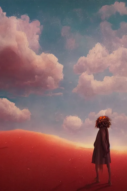 Image similar to closeup, giant flower head, girl in desert, surreal photography, wind and cold, dramatic sky, impressionist painting, digital painting, artstation, simon stalenhag