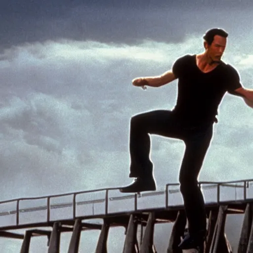 Prompt: keanu reeves fighting bruce willis and jean claude van damme on top of a bridge