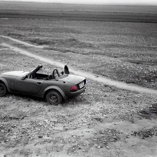 Prompt: a mazda mx-5 standing in no man's land, ww1, grainy black and white photograph