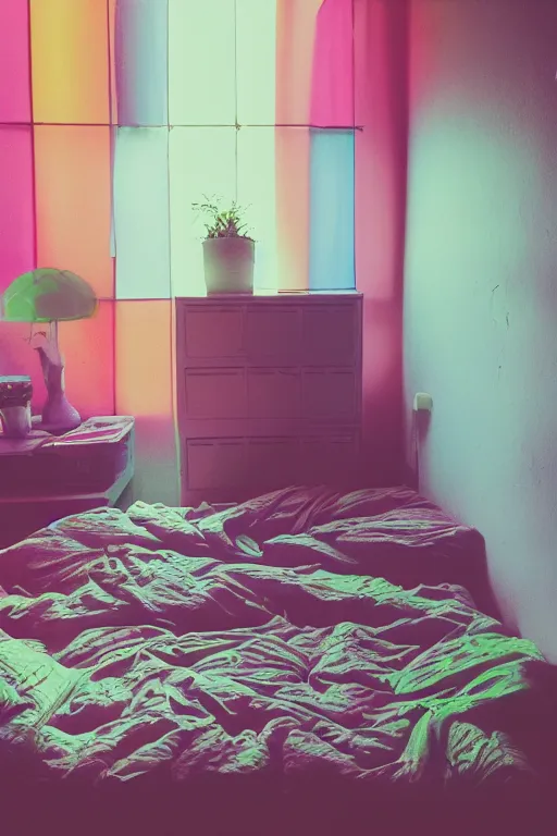 Image similar to agfa vista 4 0 0 photograph of a cluttered 9 0 s teenagers bedroom, synth vibe, vaporwave colors, lens flare, moody lighting, moody vibe, telephoto, 9 0 s vibe, blurry background, grain, tranquil, calm, faded!,