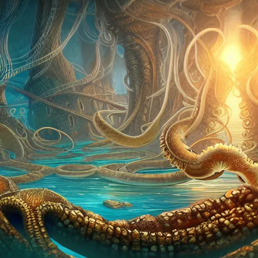 Image similar to beautiful digital fantasy illustration of an underwater city surrounded by tentacles, the forge of worlds, concept art by xul solar, two hands reaching for a fish, fractalism, high detail texture, unreal engine, 8 k, photographic quality, ultra hyper realistic quality, 8 k definiton, hyper - realistic, cinematic, cinematic lighting