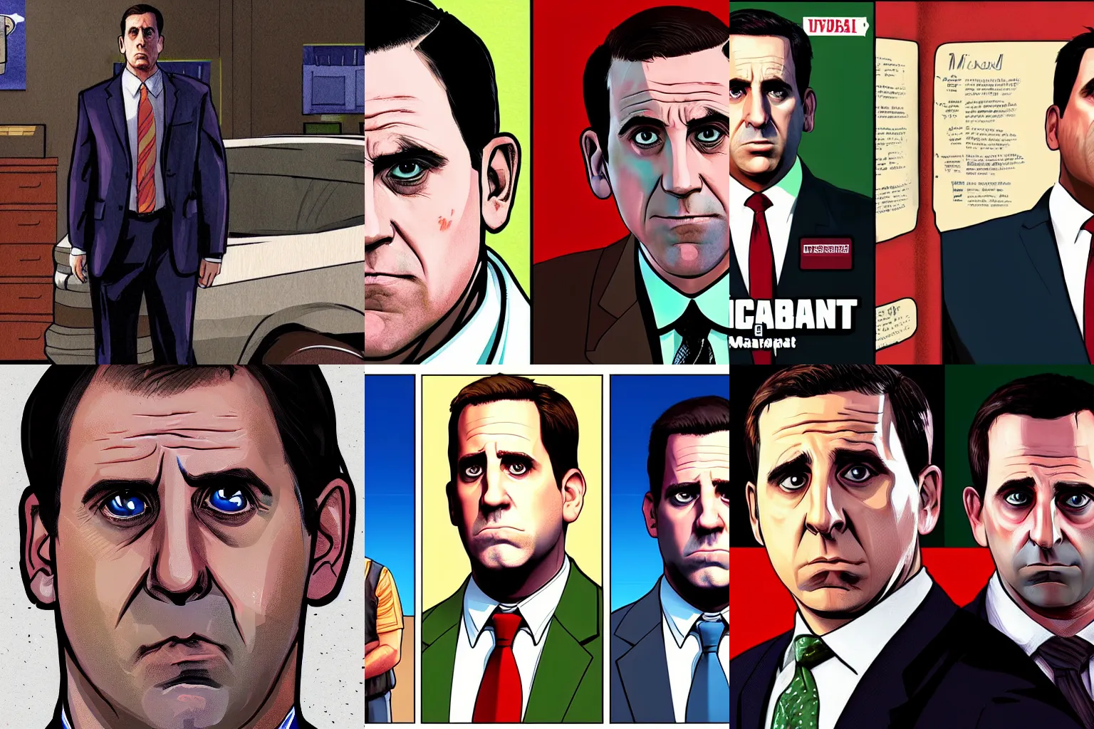 Prompt: illustrated portrait of a confused Michael Scott from The Office played by Steve Cartell, illustrated by Anthony Macbain, GTA V cover art