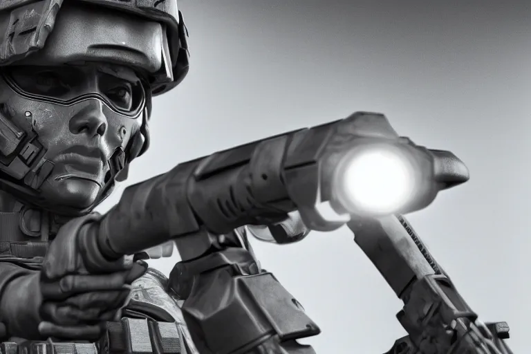 Image similar to still photo of a futuristic soldier looking at the camera in a battlefield, black and white color aesthetic, highly detailed, photorealistic portrait, bright studio setting, studio lighting, crisp quality and light reflections, unreal engine 5 quality render