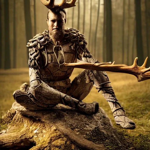 Image similar to warrior with surface of tree - bark, wearing stone wood vines antlers armor, holding laser rifle, lotus position, meditating, highly detailed, dramatic lighting, cinematic, sci - fi, hyperrealistic, detailed