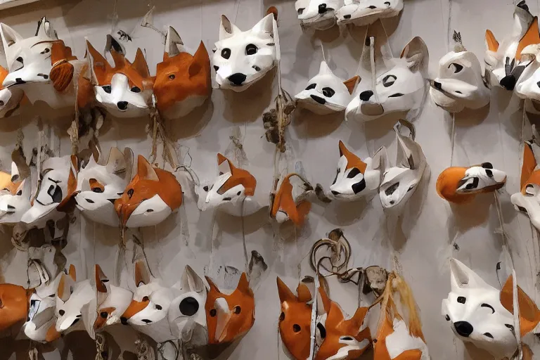 Prompt: Ceramic fox masks hanging in a museum