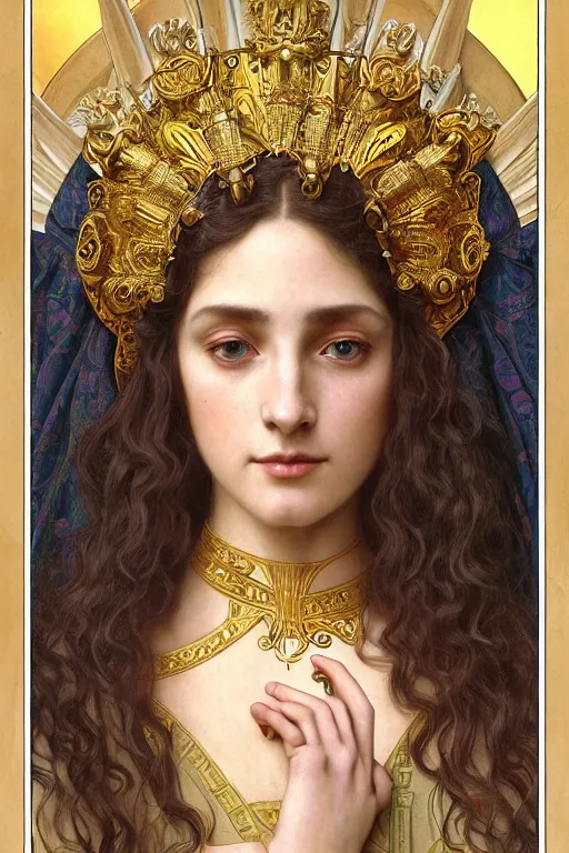 Image similar to Portrait of historically accurate, biblical, sneering, young, wicked, terrible, evil, pagan, beautiful, queen jezebel of ancient Israel, wearing gilded robes, long hair, intricate, elegant, highly detailed, masterpiece, illustration, art by artgerm and greg rutkowski and alphonse mucha and Wayne Barlowe and william-adolphe bouguereau, highly detailed, trending on artstation, award winning