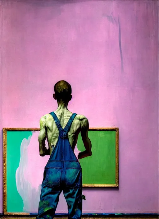 Prompt: an insane, skinny, artist wearing overalls, expressive, painting the walls inside a grand messy studio, hauntingly surreal, highly detailed painting by francis bacon, edward hopper, adrian ghenie, gerhard richter, and james jean, soft light 4 k in pink, green and blue colour palette, cinematic composition,