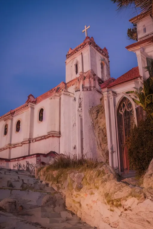 Image similar to buliding design by ricardo bofil, function is church ， red ， dusk seaside ， photography ， 8 k