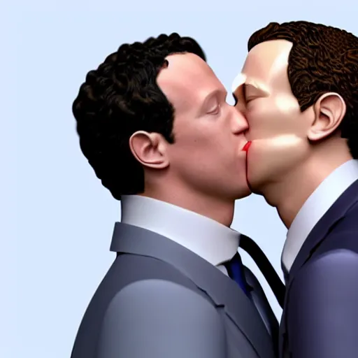 Image similar to a 3d render of mark zuckerburg kissing donald trump, in the style of beeple,