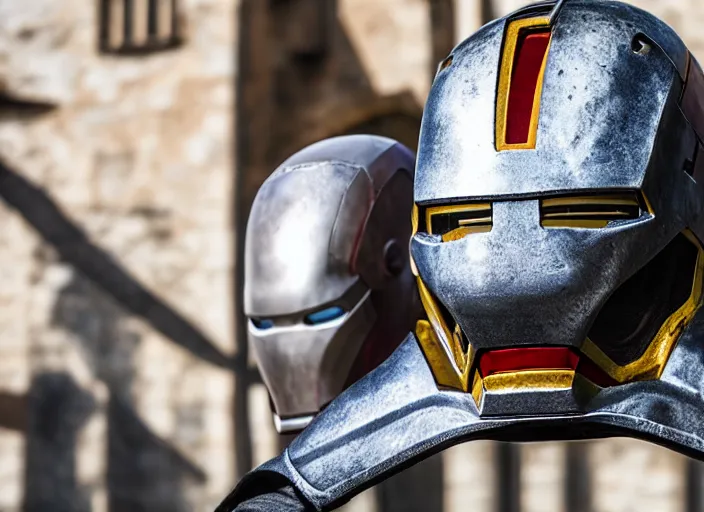 Image similar to a reflective steel engineering mask of ironman at in a table, medieval themed castle in golden afternoon light, professional photography