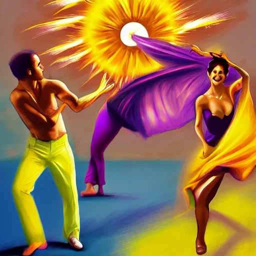 Prompt: The sun is exploding while Latino Cubans Dancers Salsa Dancing by Stanley Artgerm Lau, sun exploding on the background, Gesture draw, Salsa Social Dance, couple, lady using yellow dress, guy using the purple fancy suit, Salsa tricks, explosive background, WLOP, Rossdraws, Gesture draw, James Jean, Andrei Riabovitchev, Marc Simonetti, and Sakimichan, trending on artstation