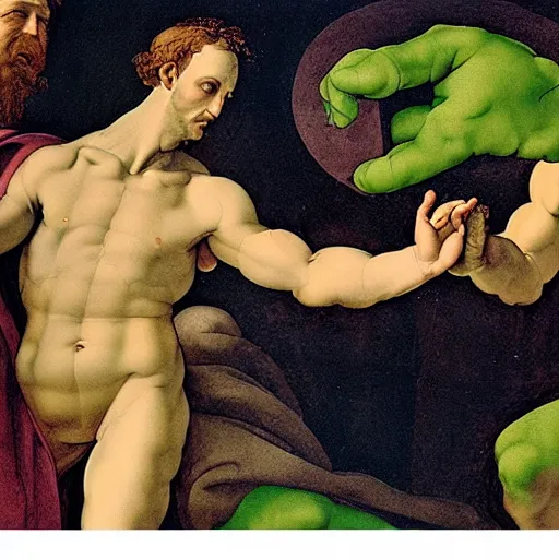 Prompt: michelangelo painting of The Creation of Adam except The hand on the left is a green alien hand with three thin fingers