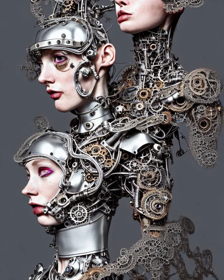 Image similar to highly detailed full body photo of a complex bio-mechanical beautiful young female cyborg with a steampunk metal fine lace face, retrofuturistic depressing hopeless horrific vibe, full shot, full body, pale skin, curled silver metallic hair and a fine metal floral foliage lace collar by Alexander McQueen:: high fashion, haute couture, rococo, steampunk, fine silver filigree details, anatomical, facial muscles, cable wires, microchip, elegant, hyper realistic, 150 mm lens, soft rim light, octane render, unreal engine, volumetric lighting, 8k, muted reflective metallic coloring, sharp focus