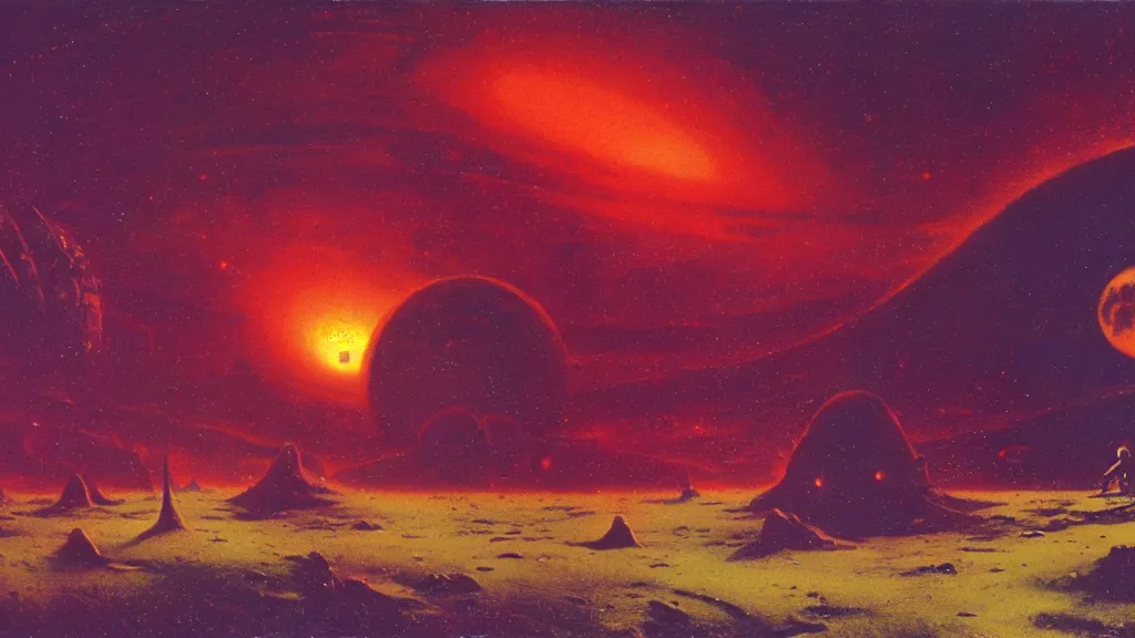 Image similar to eerie atmospheric alien planet by paul lehr and jack gaughan and john schoenherr, epic cinematic matte painting