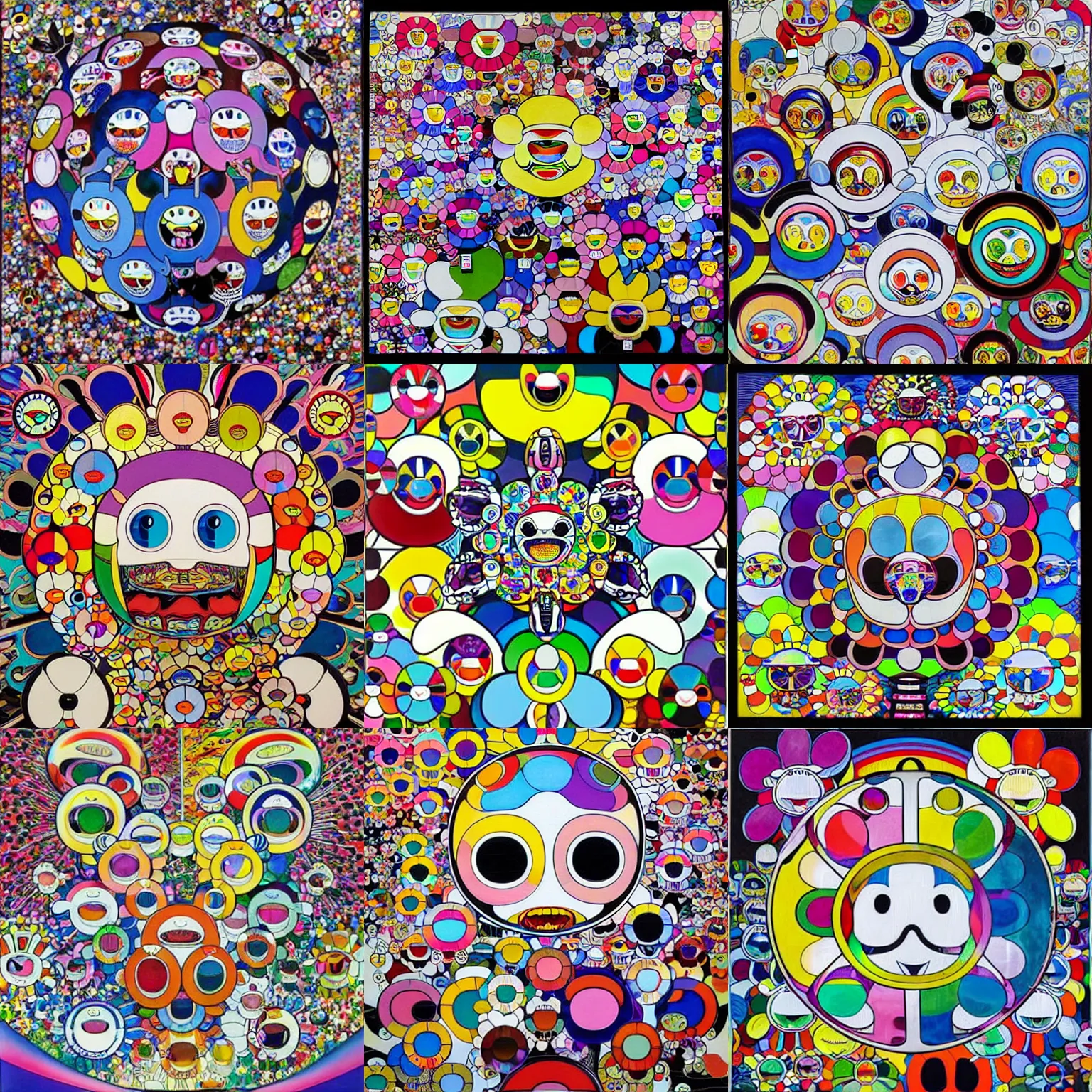 Prompt: Takashi Murakami painting by alex grey, android jones, chris dyer, and aaron brooks