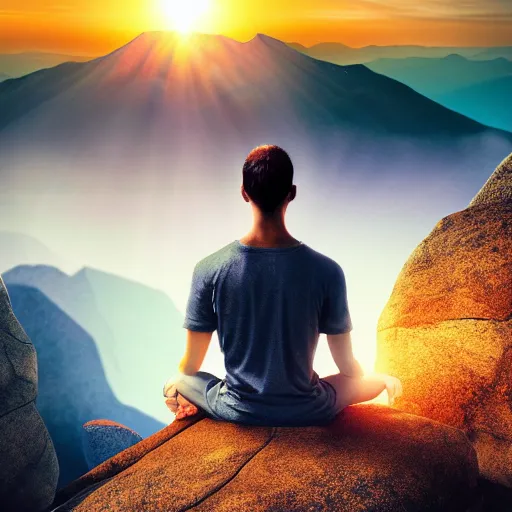 Image similar to photorealistic man meditates on a mountaintop, looking into the horizon, magical, impressive, infinity, sunset light, Atmospheric phenomenon, matte painting, dream-like award-winning digital art, muted colors, conceptual